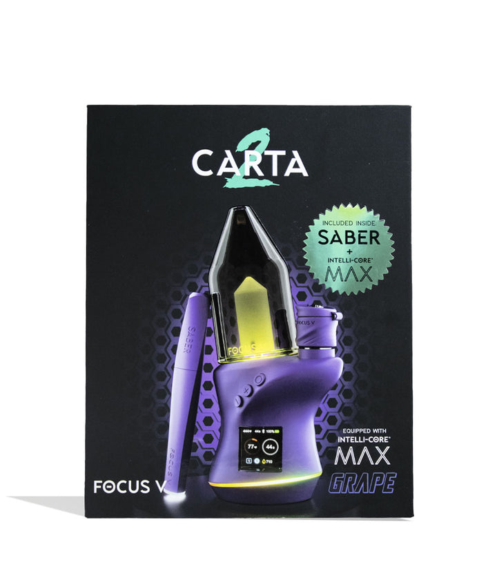 Grape Focus V Carta 2 Electronic Dab Rig and Saber Hot Knife Deluxe Kit Packaging Front View on White Background