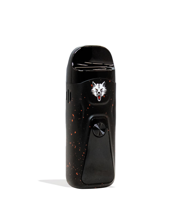 Black Red Spatter Wulf Mods Flex Dual Use Concentrate and Dry Herb Vaporizer Side View on White Background